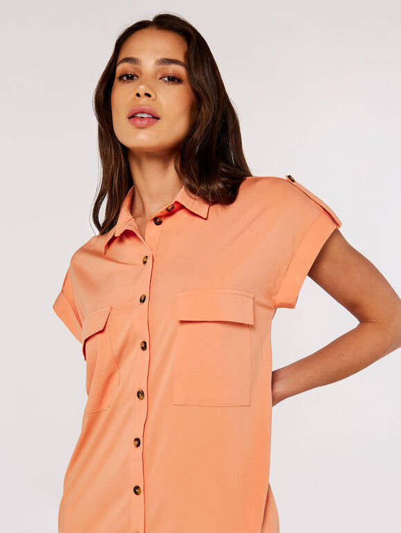 Sleeveless Shirt Mini Dress, Coral, large