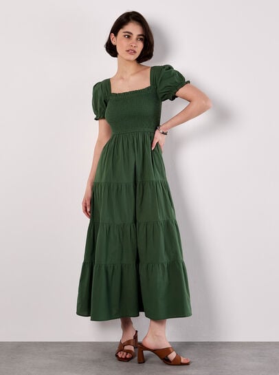 Cotton Tiered Milkmaid Midi Dress