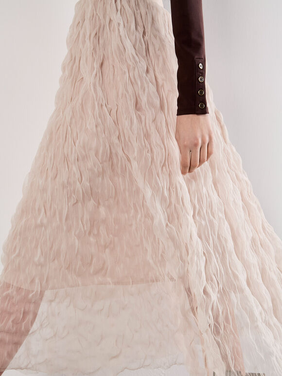 Wavy Tulle Midi Skirt, Cream, large