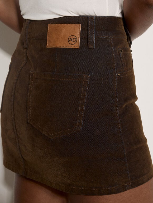 Velvet Denim Mini Skort, Brown, large