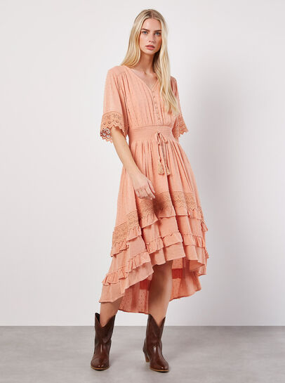 Dobby Ruffle Tiered Midi Dress