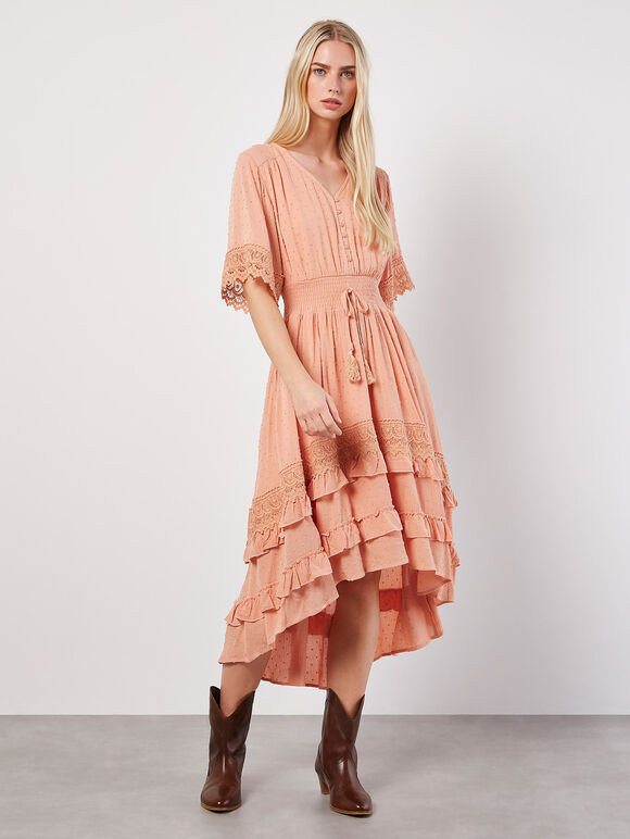 Dobby Ruffle Tiered Midi Dress, Coral, large