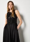 Sequin Bodice Midi Dress, Black, large