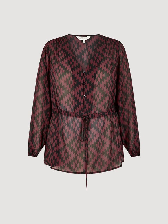 Curve Geo Print Chiffon Blouse, Burgundy, large