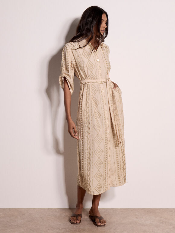 Geometric Shimmer Embroidered Shirt Midi Dress, Stone, large
