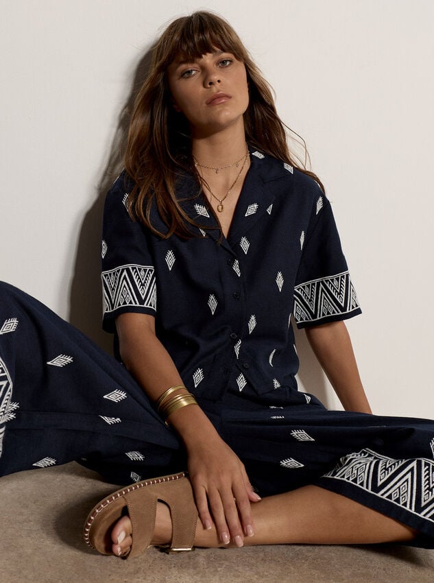 Cotton-Blend Embroidered Shirt, Navy, large