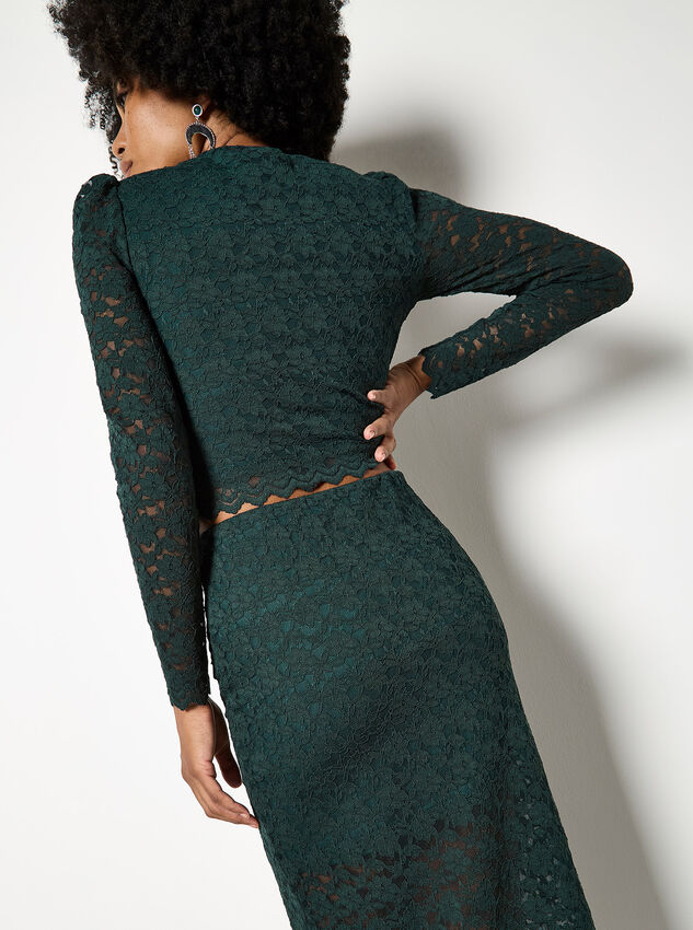 Floral Leaf Lace Midi Skirt, Green, large