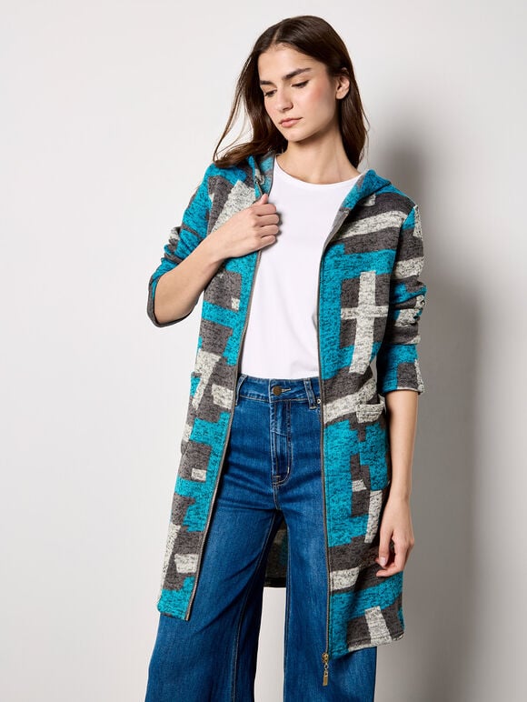 Geometric Knitted Zip-Down Cardigan, Dark Grey - Charcoal, large