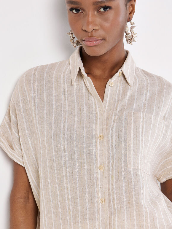 Linen Blend Stripe Shimmer Shirt, Stone, large