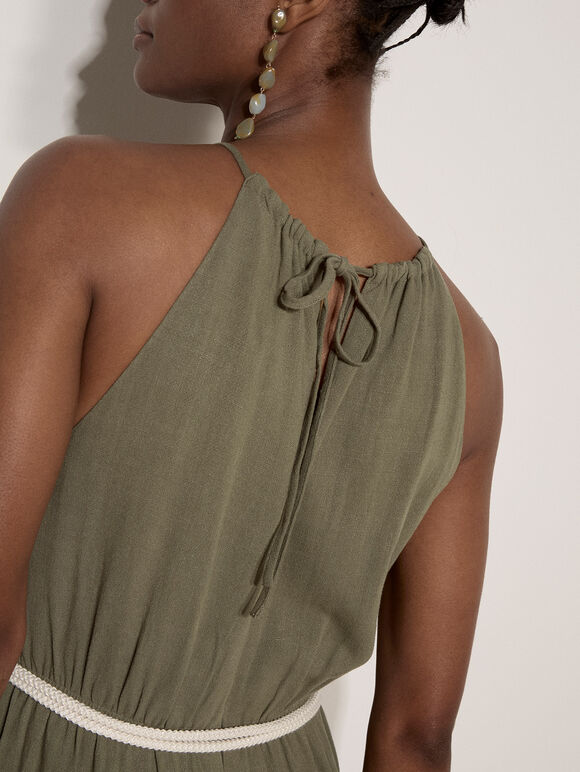 Cotton Blend Wide-Leg Jumpsuit, Khaki, large