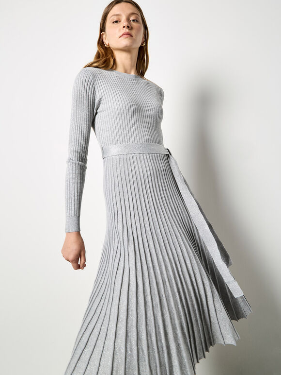 Rib Knit Pleated Midi Dress, Light Grey / Silver, large