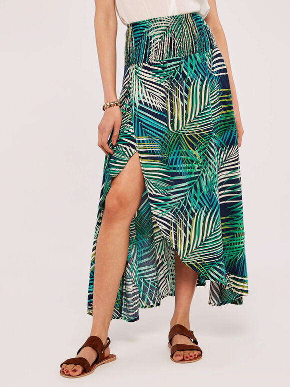 Tropical Leaf Wrap Skirt, Navy, large