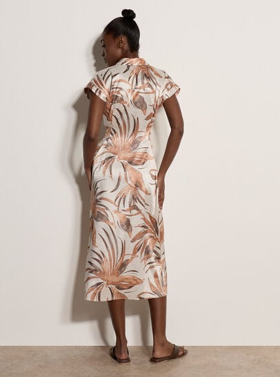 Tropical Leaf Satin Shirt Midi Dress