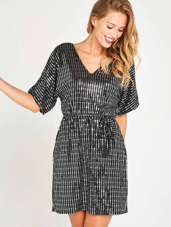 Sequin Kimono Dress, Black, large