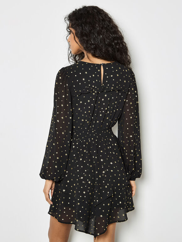 Gold Foil Star Chiffon Mini Dress, Black, large