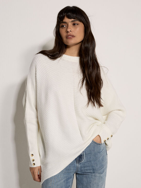 Chevron Knit Batwing Jumper, Cream, large