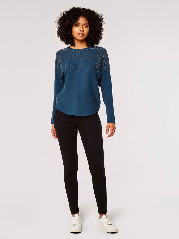 Stud Embellished Batwing Jumper, Teal, large
