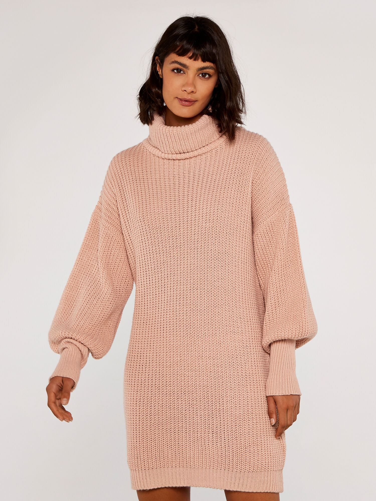 Cowl Neck Jumper Dress Apricot Clothing