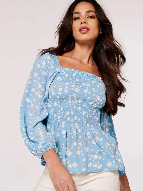 Ditsy Dot Smocked Top, Blue, large