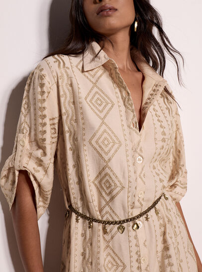 Geometric Shimmer Embroidered Shirt Midi Dress