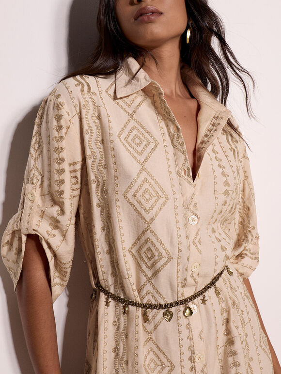 Geometric Shimmer Embroidered Shirt Midi Dress, Stone, large
