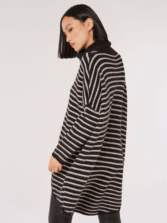 Gestrickter Longline-Pullover mit Streifen, Schwarz, Größe L