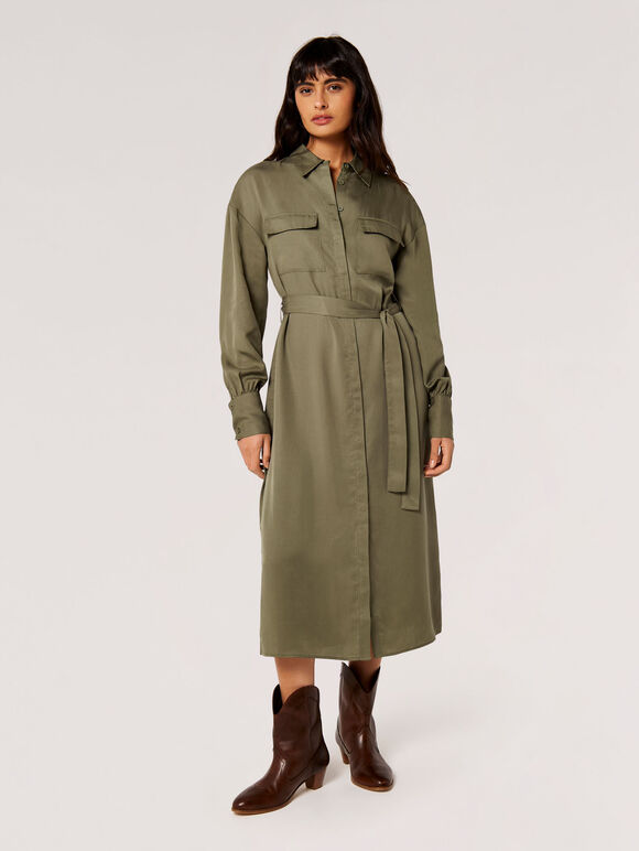 Utility Shirt Midi Dress, Khaki, large