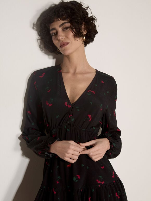 Cherry Print Crepe Mini Dress, Black, large