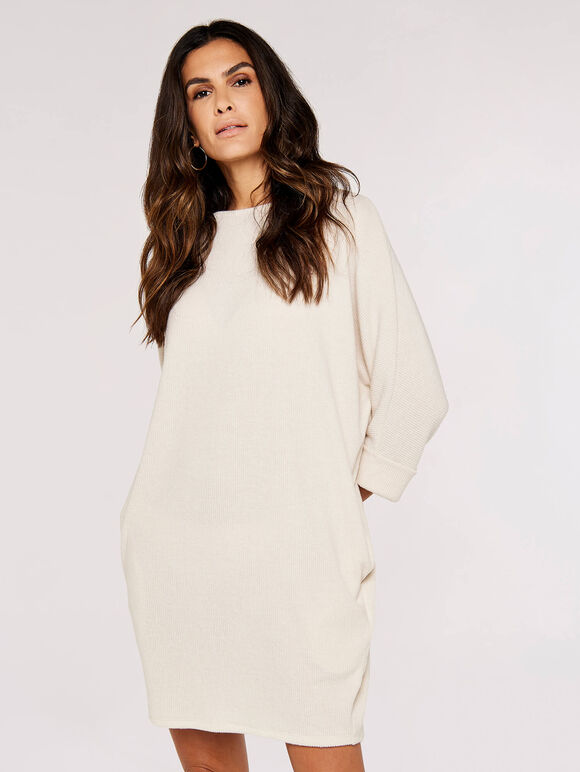 Ribbed Cocoon Mini Dress, Stone, large