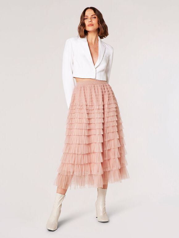 Tulle Tiered Ruffle Midi Skirt, Pink, large