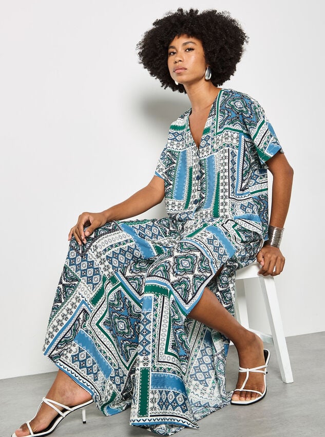 Folk Patchwork Wide Leg Trousers, Blue, large