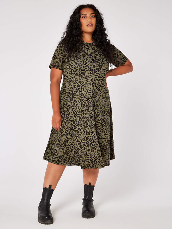 Curve Leopard Print Midi Dress, Khaki, large
