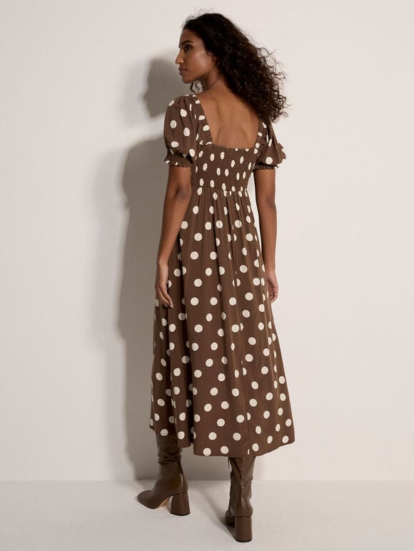 Polka Dot Bow Detail Midi Dress, Brown, large