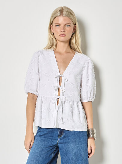 Eyelash Embroidery Linen Blend Blouse