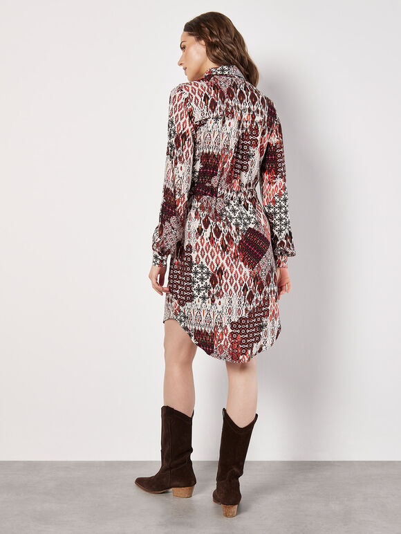 Patchwork Ikat Shirt Mini Dress, Burgundy, large
