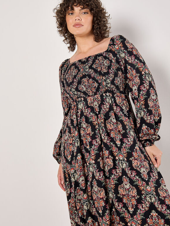 Curve Folk Diamond Smocked Midi Dress, Black, large