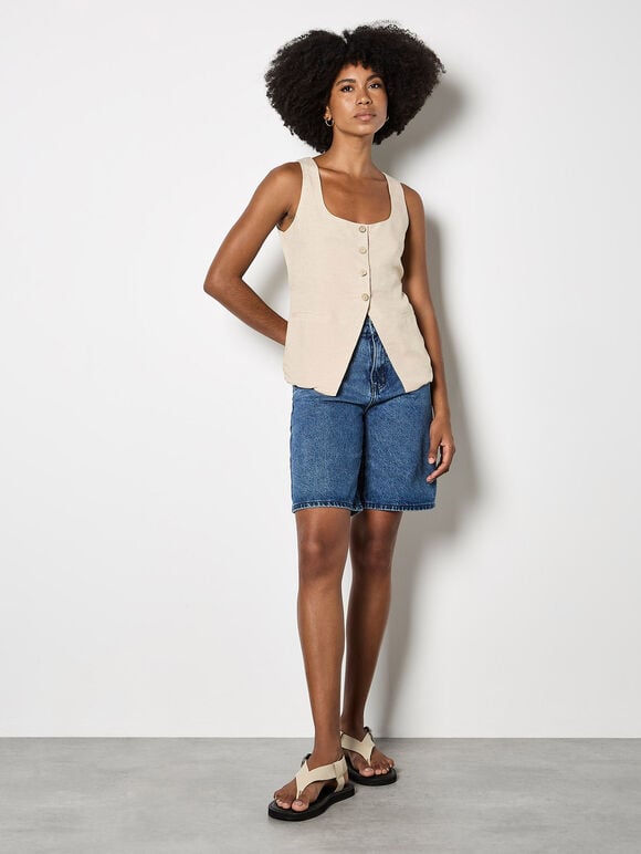 Button Down Woven Vest Top, Stone, large