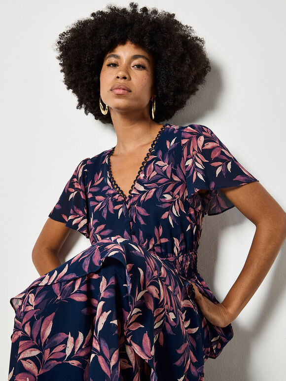 Watercolour Leaves Chiffon Tiered Maxi Dress, Navy, large