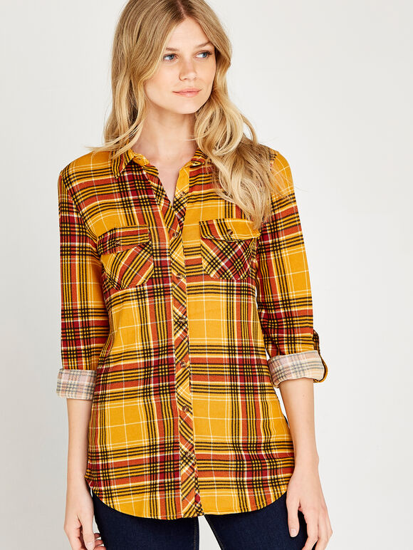 Yellow Retro Plaid Shirt, Mustard, large