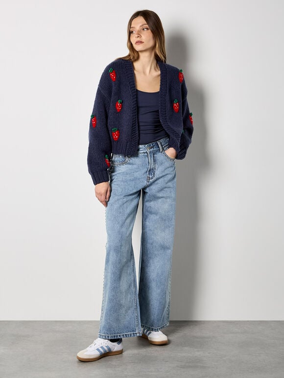 Chunky Knit Strawberry Cardigan, Navy, large