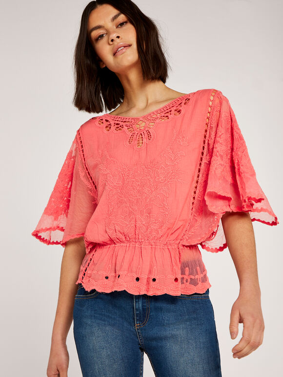 Floral Embroidery Top with Lace, Coral, large