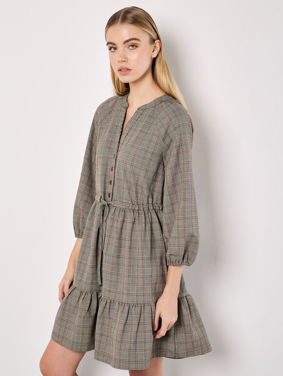 Heritage Check Ruffle Hem Mini Dress, Grey, large