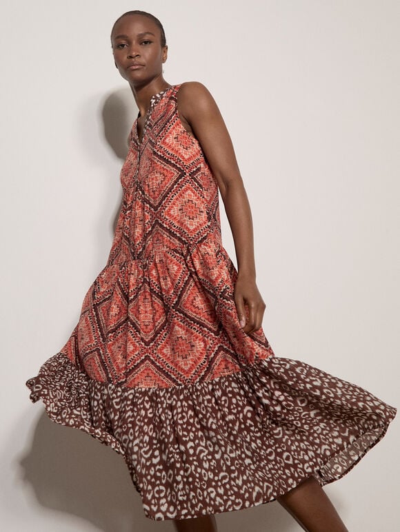 Geometric Patchwork Tiered Midi Dress, Orange, large