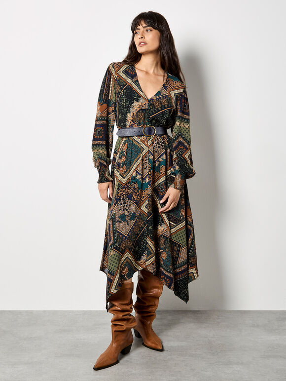 Patchwork Print Hanky Hem Midaxi Dress, Green, large