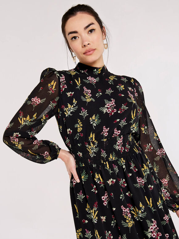 Floral Bouquet Smocked Midi Dress, Black, large