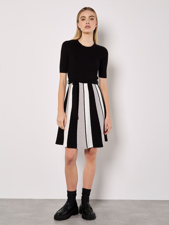 Monochrome Stripe Knitted Mini Dress, Black, large