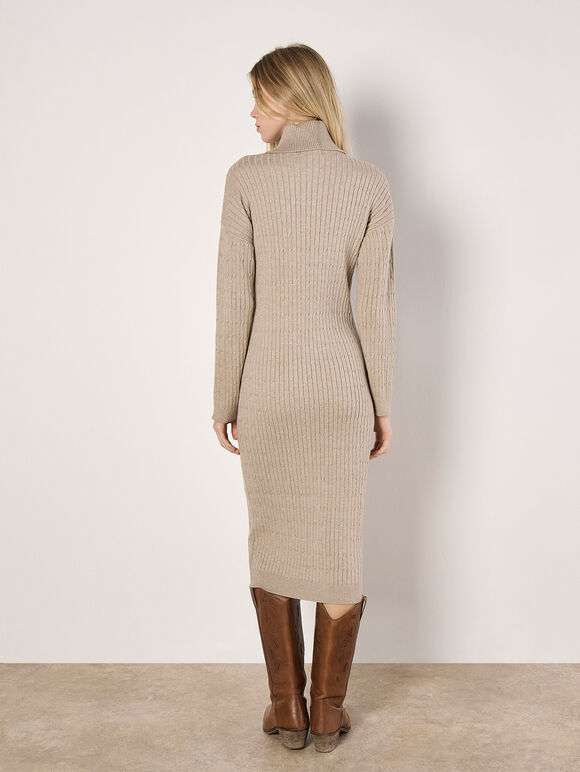 Roll Neck Kntted Midi Dress, Stone, large