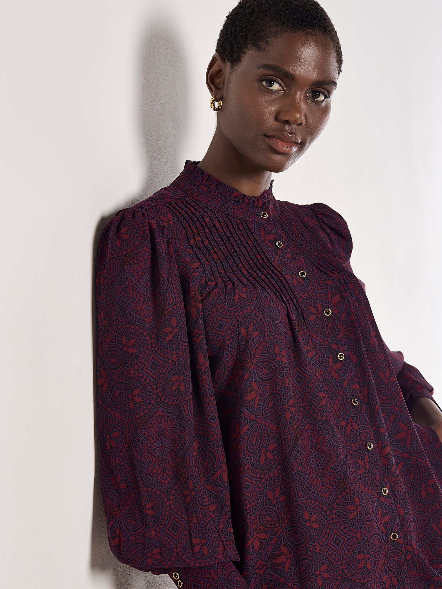 Burgundy ruffle blouse discount