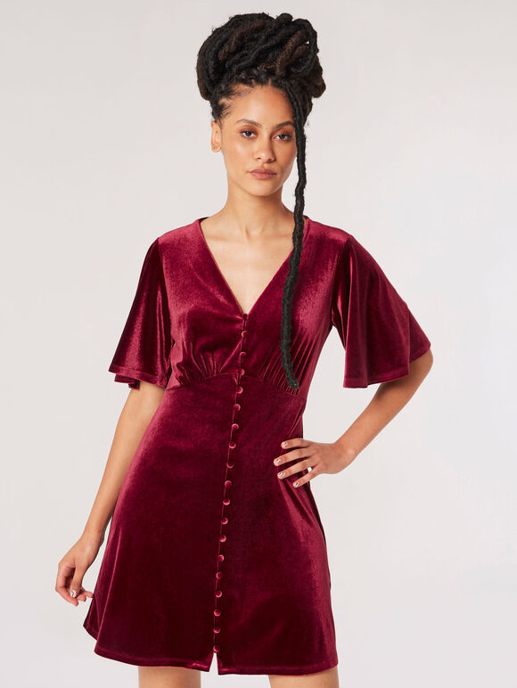 Velvet Button-Down Mini Dress, Burgundy, large