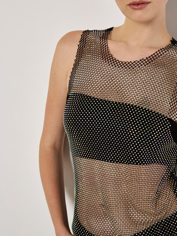 Diamante Mesh Sleeveless Top, Black, large